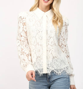 Cream Lace Scallop Edge LS Button Down