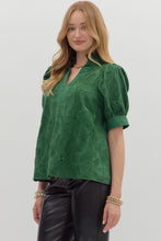 Load image into Gallery viewer, Green Floral Textured Puff Slv Top