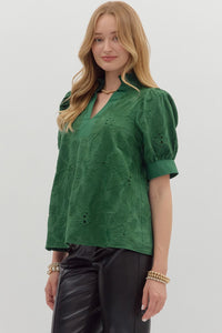 Green Floral Textured Puff Slv Top