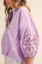 Load image into Gallery viewer, Lilac Embroidered Puff Slv Button Down Top