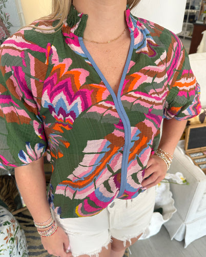 Multi Print Puff Slv V-Neck Top (THML)