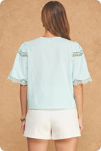 Load image into Gallery viewer, Light Blue Embroidered Floral SS Button Down Top