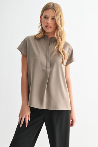 Satin V-Neck SS Top Mocha