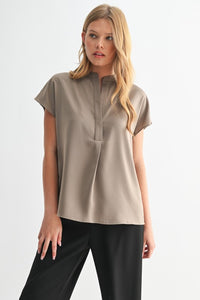 Satin V-Neck SS Top Mocha