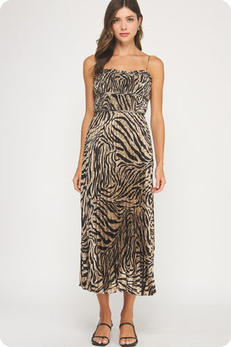Zebra Print Pleated Satin Midi Dress