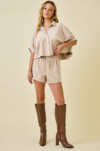 Load image into Gallery viewer, Ecru Suede Button Cropped Shirt + Shorts Set
