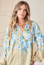 Load image into Gallery viewer, Light Olive/Blue Floral LS Pleated Blouse