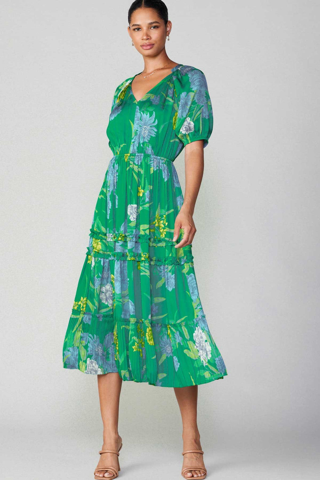 Green Floral SS V-Neck Ruffle Pleated Long Dress