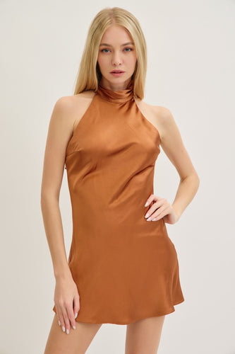 Bronze Satin Halter Open Back A-Line Dress