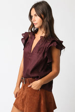 Load image into Gallery viewer, Maroon Linen Split Neck Ruffle Slv Top