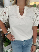 Load image into Gallery viewer, White Eyelet Puff Slv U-Neck Top (THML)
