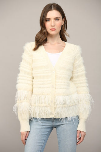 Cream Feather Trim Wool Blend Cardigan