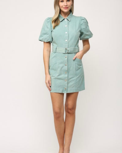 Mint Denim Button Puff Slv Dress