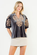 Load image into Gallery viewer, Grey Crushed Velvet Puff Slv Embroidered Top (THML)