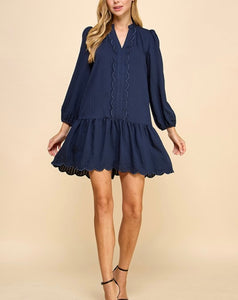 Navy LS Scallop Detail Dress