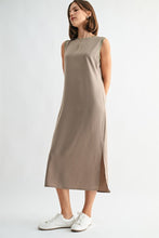 Load image into Gallery viewer, Taupe Satin Rib Neck Midi Dress