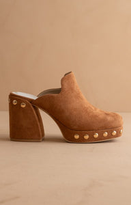 Camel Suede Studded Clog Mules