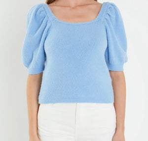 Powder Blue Puff Slv Crop Sweater