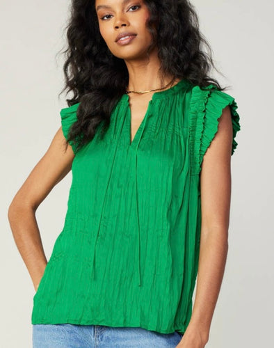 Deep Green SS Ruffle Self Tie Crinkle Blouse