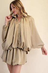 Taupe Satin Puffed Bomber Jacket