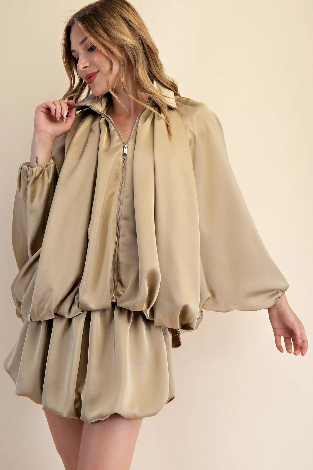 Taupe Satin Puffed Bomber Jacket