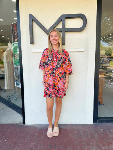 Rust/Pink/Black Printed Button Down Dress