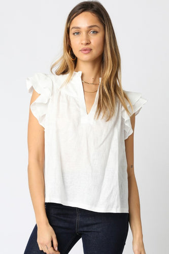 White Linen Split Neck Ruffle Slv Top