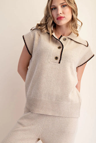 Beige Collar Stitched Sweater Top