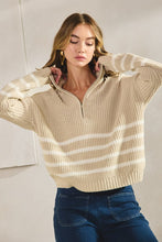 Load image into Gallery viewer, Oatmeal Striped Ribbed Half Zip Sweater Top