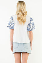 Load image into Gallery viewer, White Puff Slv Blue Floral Embroidery V-Neck Top (THML)