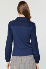 Load image into Gallery viewer, Navy Mixed Media Polo Knit LS Top