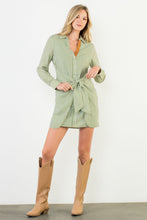 Load image into Gallery viewer, Green Striped LS Tie Frnt Dress (THML)