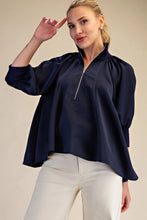 Load image into Gallery viewer, Navy Satin Zipper Puff Slv Blouse