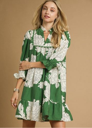 Green White Floral Babydoll Dress