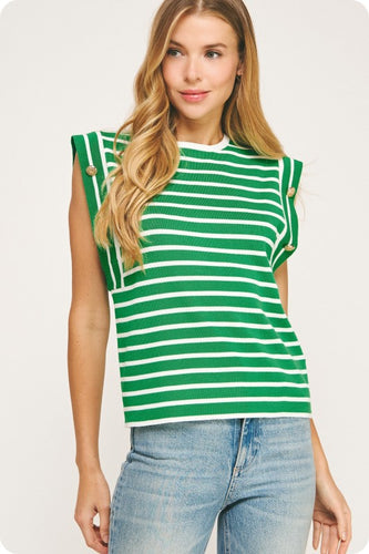 Emerald/White Striped Top w/ Gold Accent Buttons