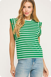 Emerald/White Striped Top w/ Gold Accent Buttons
