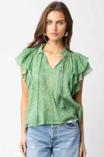 Green Floral Ruffle Slv Top