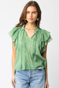 Green Floral Ruffle Slv Top