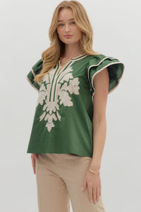 Embroidered Flutter Slv Top Green