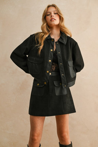 Black Suede/Leather Contrast Button Jacket