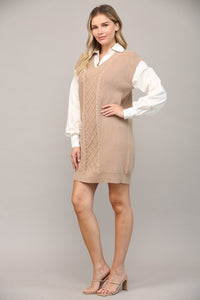 Latte/White Cable Knit Twofer Shirt Dress