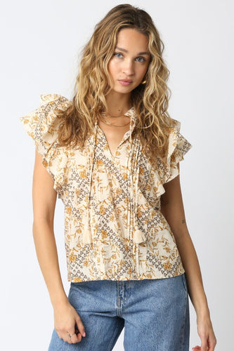 Natural Printed Ruffle Slv V-Neck Top
