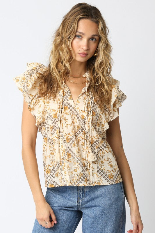 Natural Printed Ruffle Slv V-Neck Top