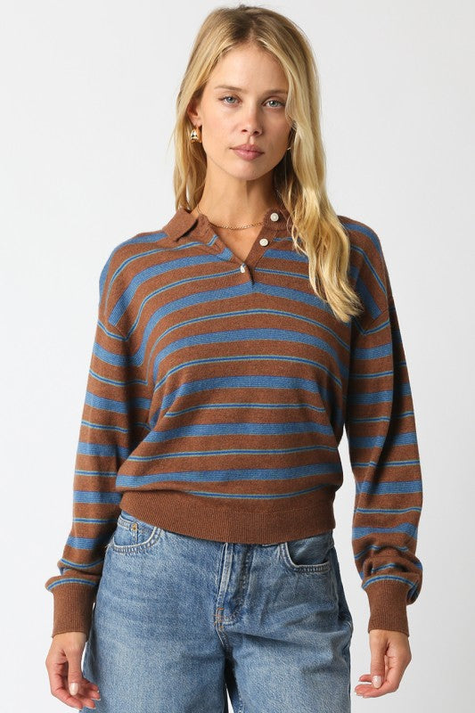Striped Combo Button LS Knit Sweater Brown