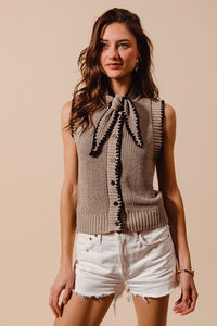 Taupe/Black Tie Neck Sweater Vest Top