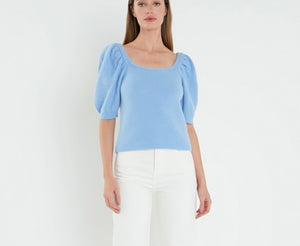 Powder Blue Puff Slv Crop Sweater