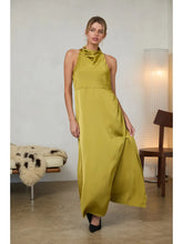 Load image into Gallery viewer, Chartreuse Satin Halter Neck Dress