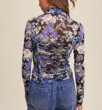 Load image into Gallery viewer, Black Smocked Ruched Floral Mesh Top