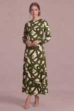 Load image into Gallery viewer, Cream/Olive Printed Satin LS Dress