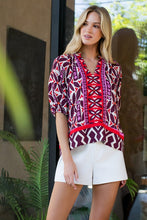 Load image into Gallery viewer, Brown/Red/Pink Print V-Neck Puff Slv Top (THML)